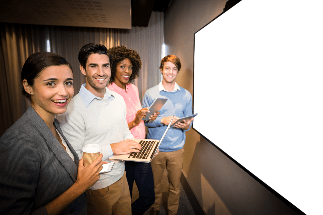Collaborative Business Team Presenting at Office Meeting with Black Transparent Screen