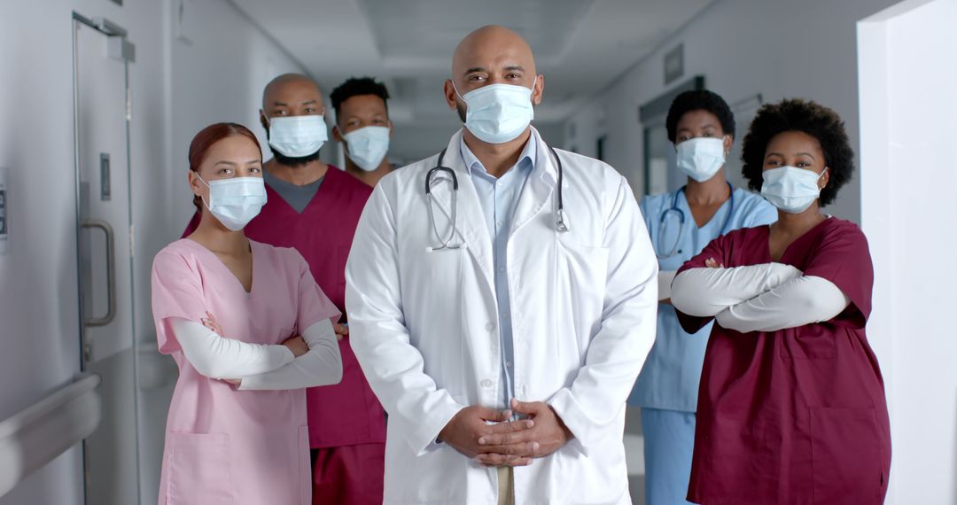 Diverse Medical Team in Masks Standing Together Indoors - Free Images, Stock Photos and Pictures on Pikwizard.com