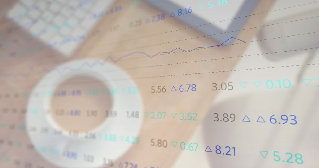 Digital Financial Data Graph over Workspace with Coffee