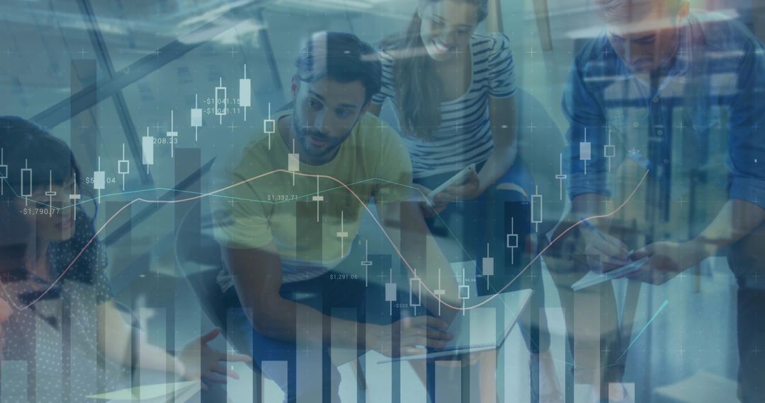 Young professionals collaborating on financial analytics with laptop and candlestick charts