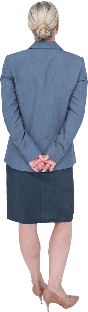 Transparent Businesswoman with Hands Behind Back in Professional Attire