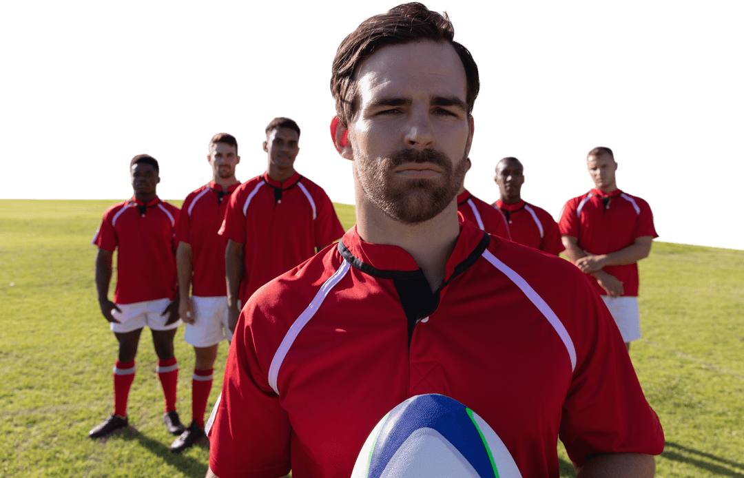 Transparent Rugby Team Unity Holding Ball On Field