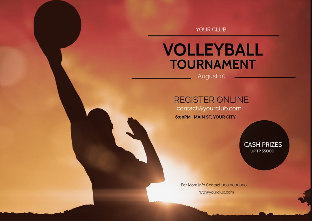Silhouette of Volleyball Player at Sunset Promoting Local Tournament