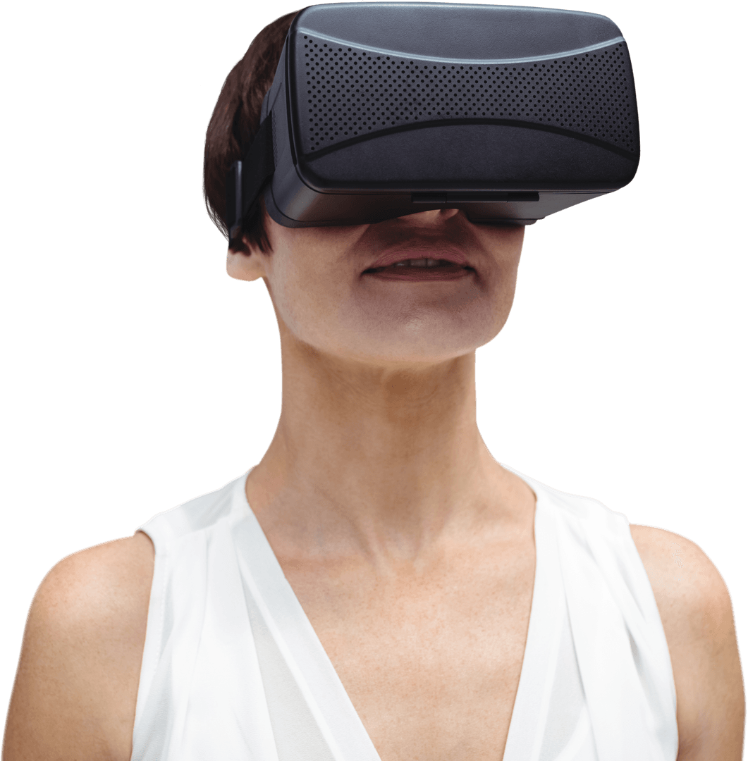 Transparent Woman Exploring Virtual Reality with Simulator Headset
