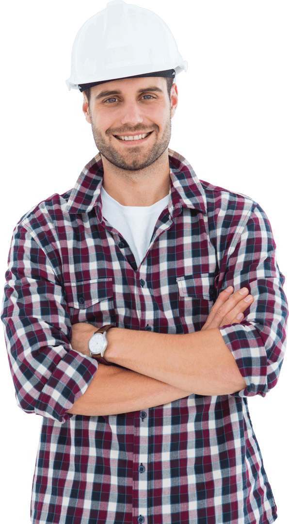 Transparent Smiling Construction Worker in Casual Checkered Shirt