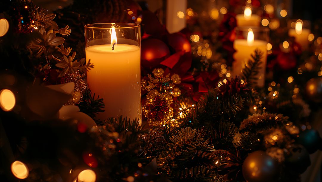Glowing Holiday Candle Mantel with Festive Garland, Ornaments and Warm Bokeh Lights