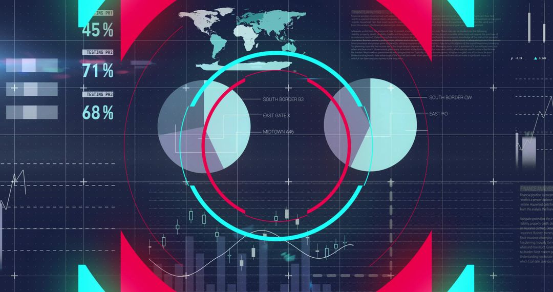 Displaying futuristic data HUD with cyan magenta ringed arcs, global map, financial charts