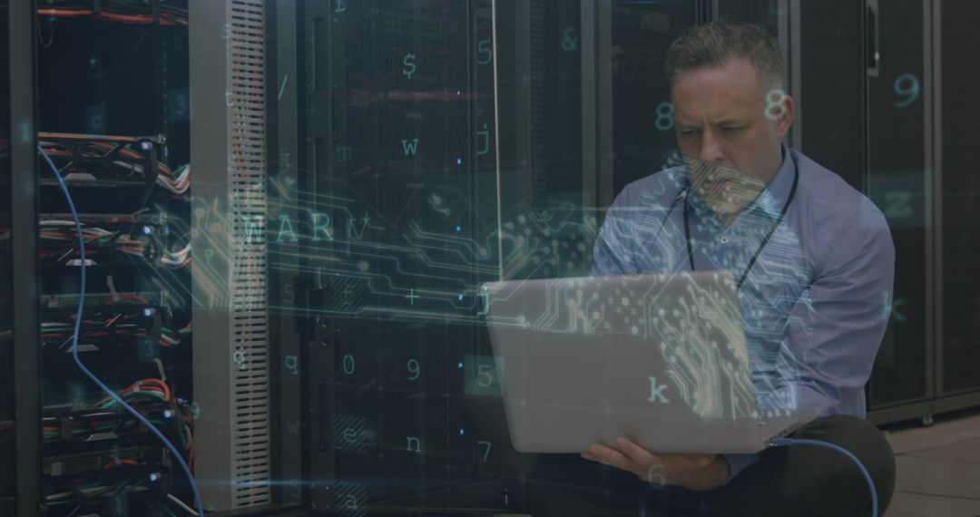 Technician Amidst Critical Cyber Security Alert with Data Server