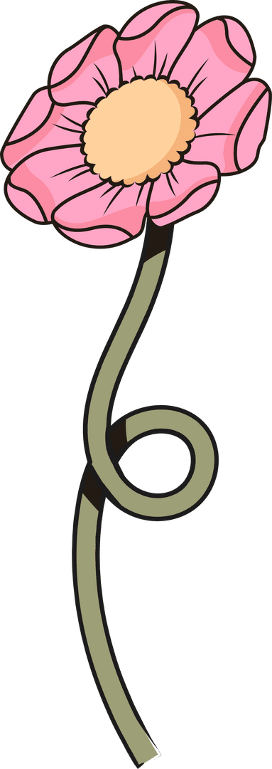 Pink Flower Illustration with Curling Stem on Transparent Background