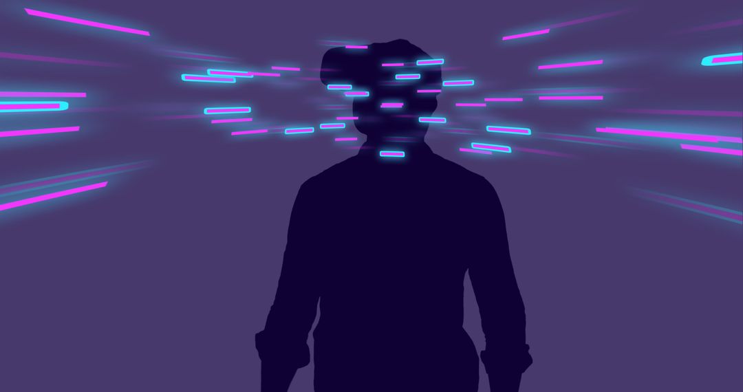 Image of glowing light trails of data transfer over man in vr headset - Free Images, Stock Photos and Pictures on Pikwizard.com