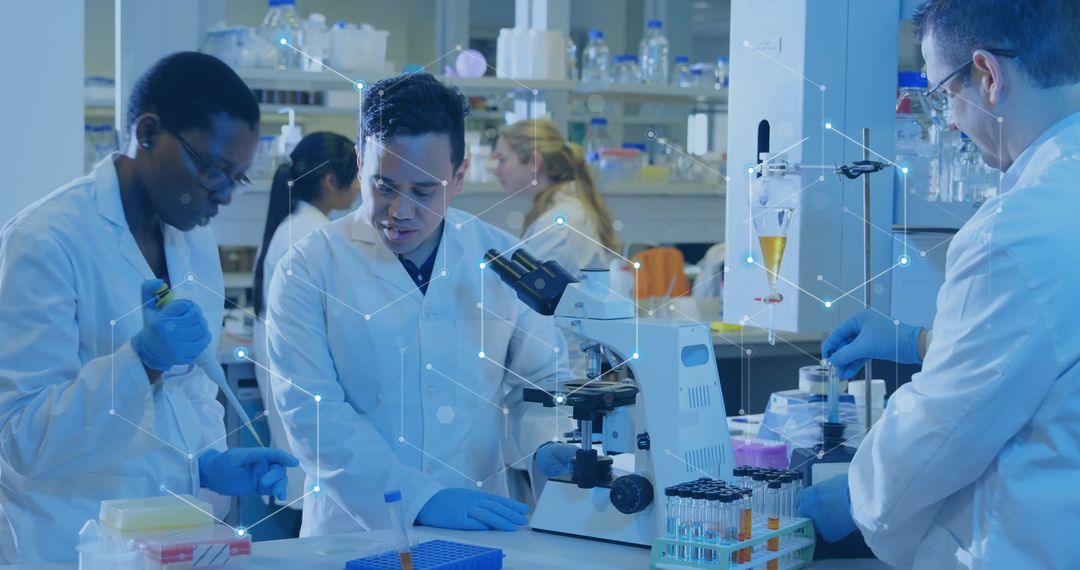 Diverse Scientists Collaborating with Digital Interface Overlay