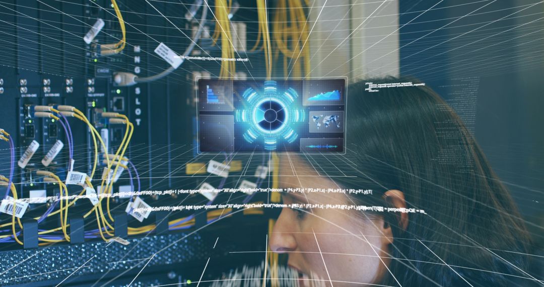 Woman Technician Analyzing Futuristic Network System with Holographic Interface