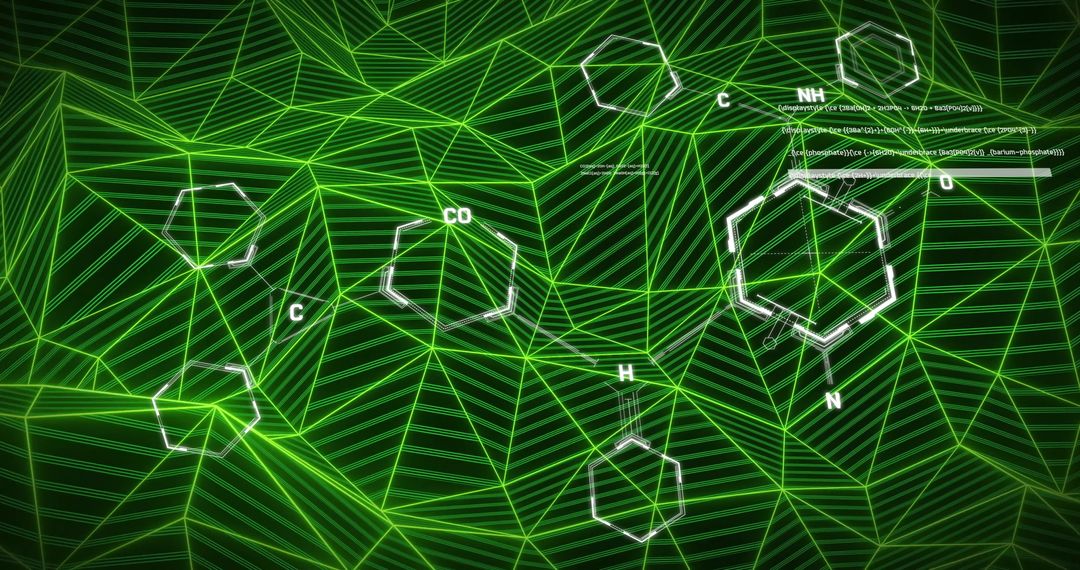 Abstract Chemical Structures on Green Geometric Grid Background
