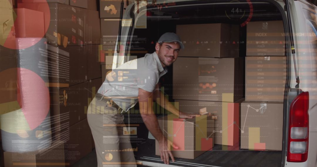 Delivery Worker Loading Van with Digital Data Overlay