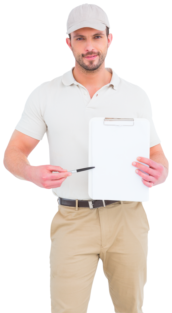 Transparent confident delivery man holding clipboard pointing pen smiling isolated - Download Free Stock Images Pikwizard.com