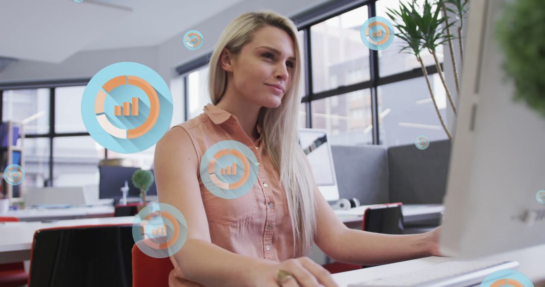 Businesswoman Analyzing Data with Digital Bar Graph Overlays in Office