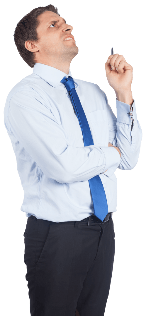 Thoughtful Businessman in Blue Tie Holding Pen on Transparent Background