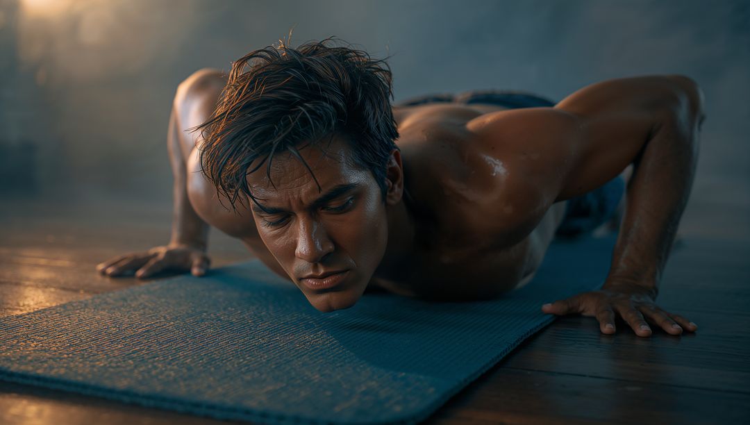 Intense Workout Push-Ups Young Man in Dynamic Gym Setting