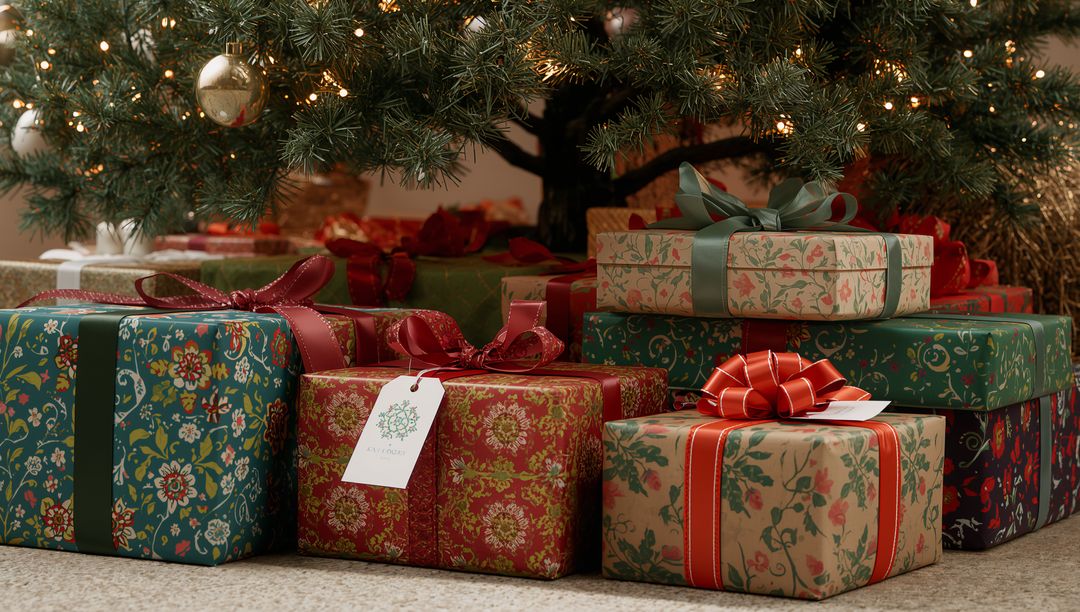 Festive Holiday Gifts Under Decorated Christmas Tree with Bows