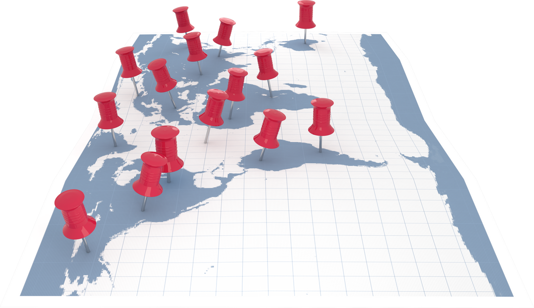 Map with Red Push Pins Highlighting Travel Destinations on Transparent Surface - Download Free Stock Images Pikwizard.com