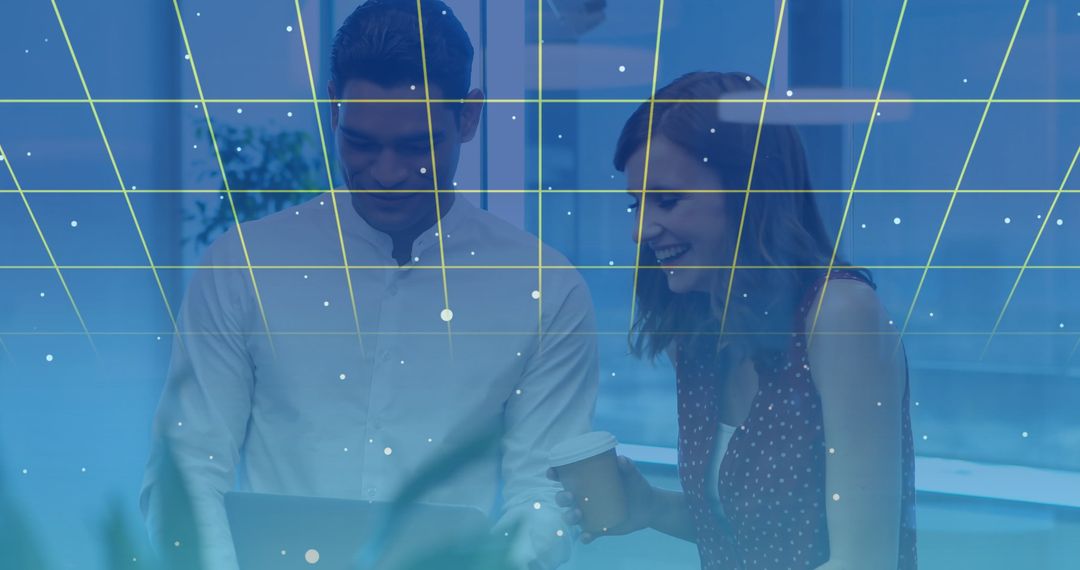 Teamwork Collaborating on Technology Project with Data Overlay