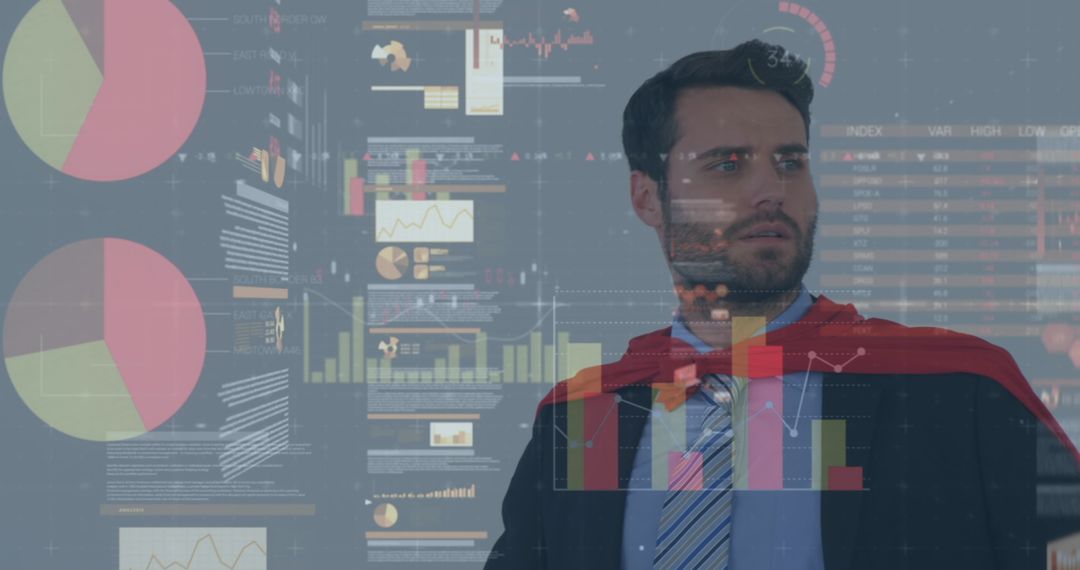 Businessman Superhero Analyzing Digital Data Visualization