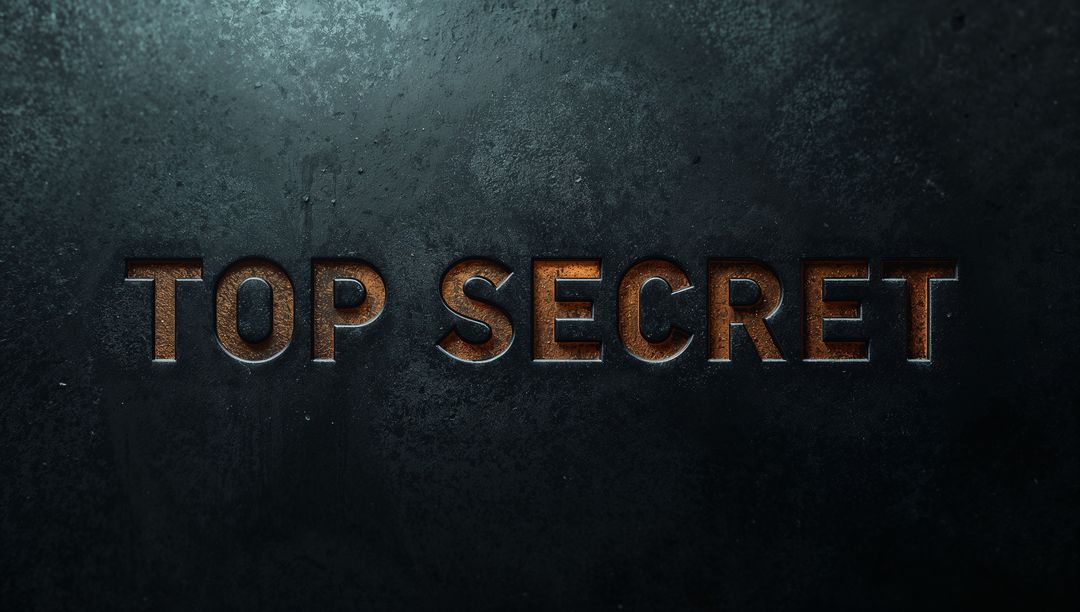 Displaying TOP SECRET Embossed on Rusted Metal Plate with Bronze Fill and Rim Light