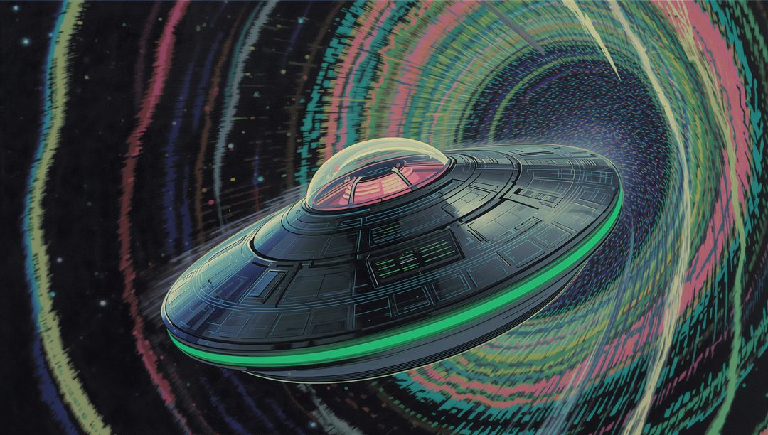 Futuristic Flying Saucer Approaching Cosmic Vortex in Space