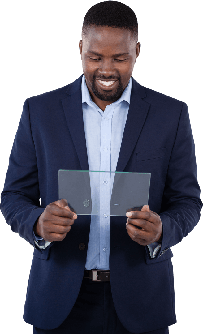 Happy Businessman Engaging with Transparent Touchscreen Interface