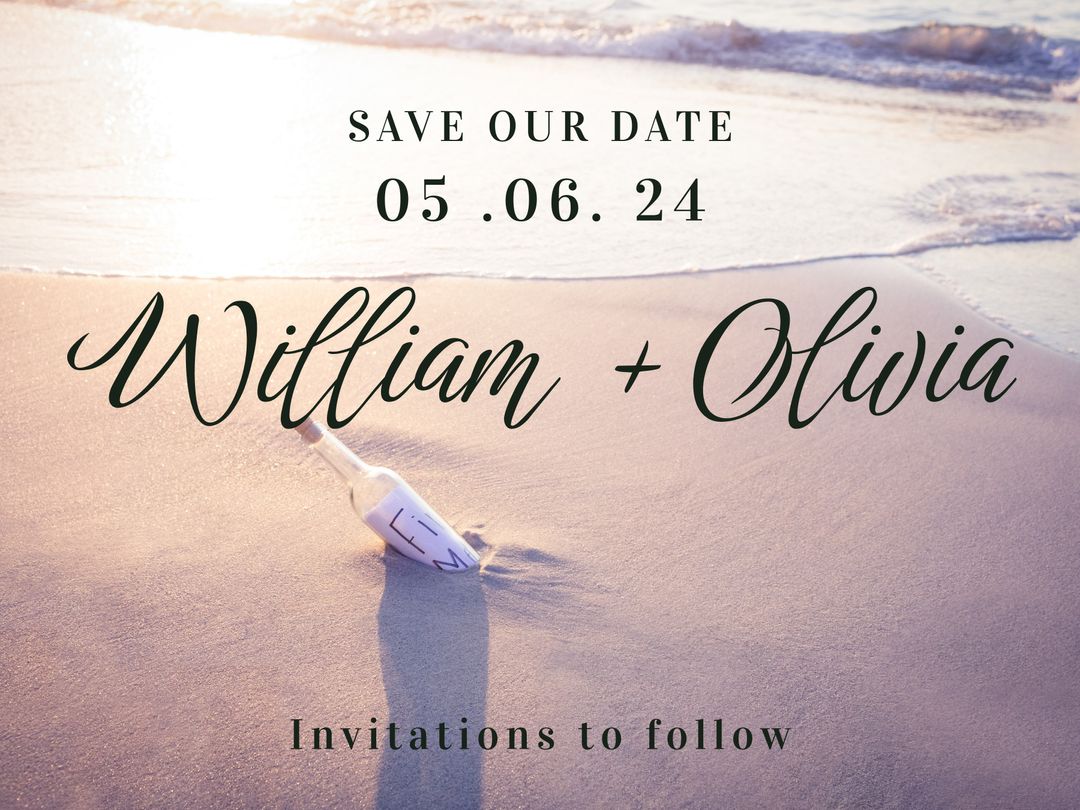 Beach Wedding Save the Date Card with Message in a Bottle Design - Download Free Stock Templates Pikwizard.com