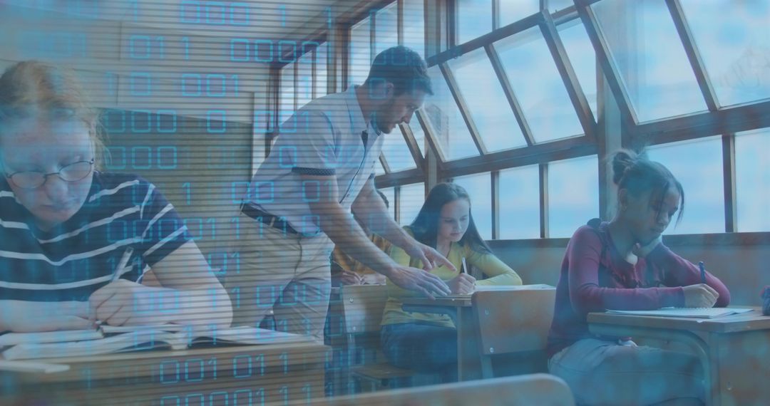 Male teacher guiding students in sunlit classroom with digital binary learning overlay