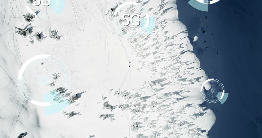 Aerial View of Snowy Terrain with 5G Network Overlay
