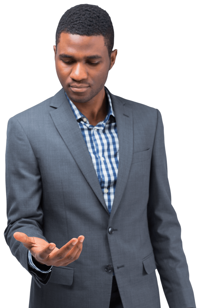 Transparent-Businessman Wearing Suit Holding Empty Hand Thoughtfully