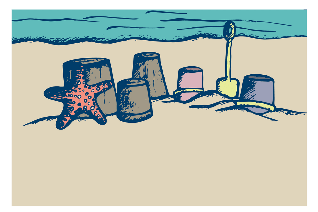 Transparent Beach Toys and Starfish on Sandy Beach Background