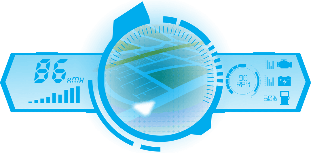 Transparent Blue Car Dashboard with Map and Digital Data