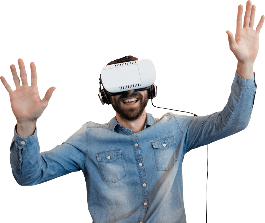 Happy Man Enjoying Virtual Reality with Transparent Background