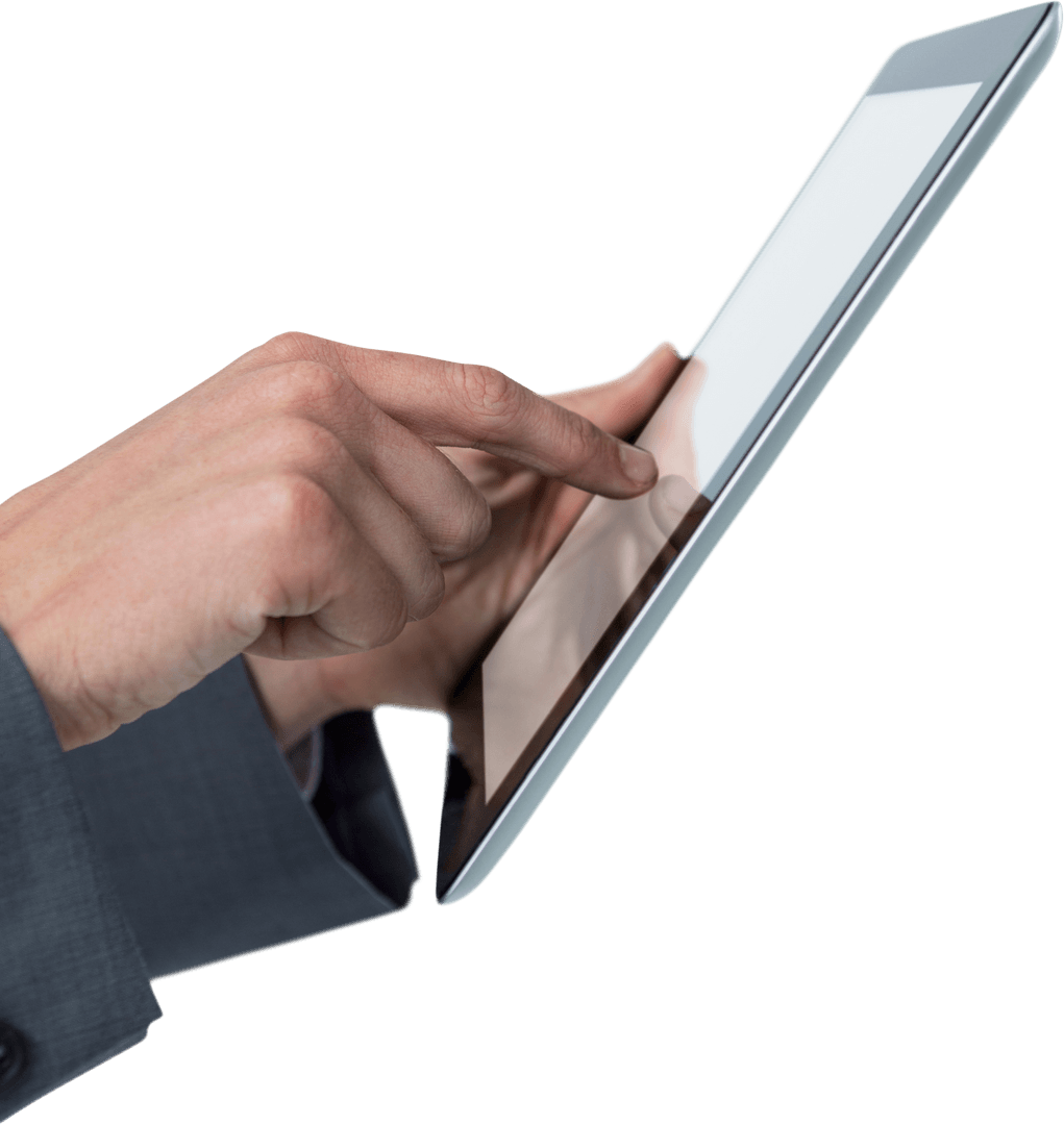 Businessman's Hand Interacting with Transparent Tablet Screen