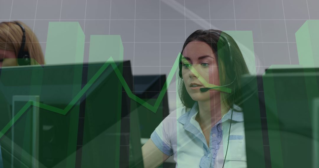 Woman at Call Center with Graphs and Data Insights
