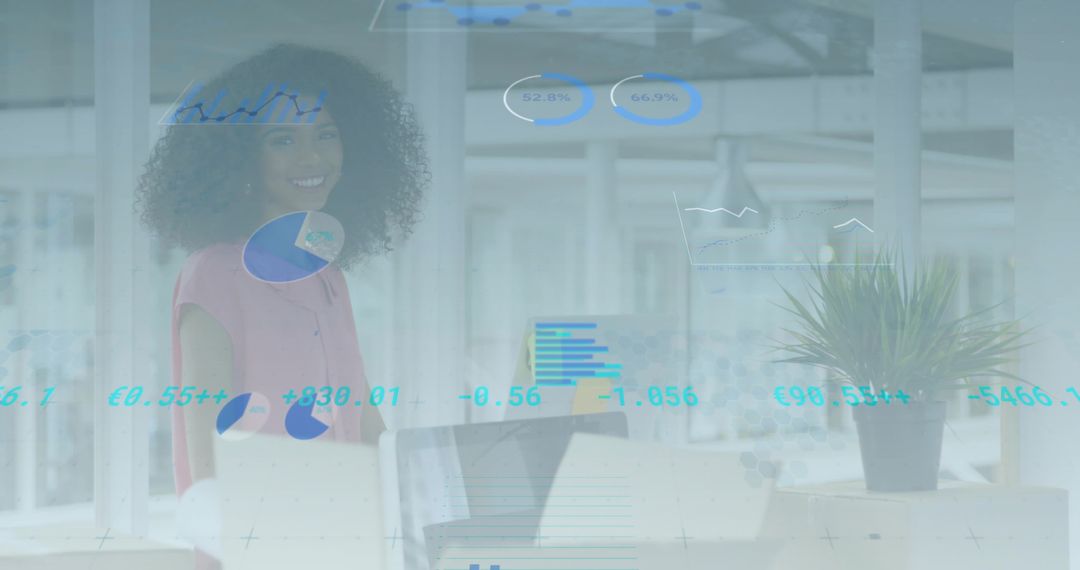 Smiling Woman Analyzing Digital Analytics in Modern Office