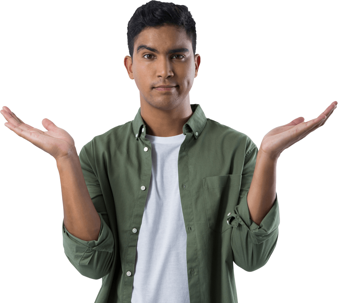 Transparent Portrait of Frowning Man Gesturing Unsure Expression