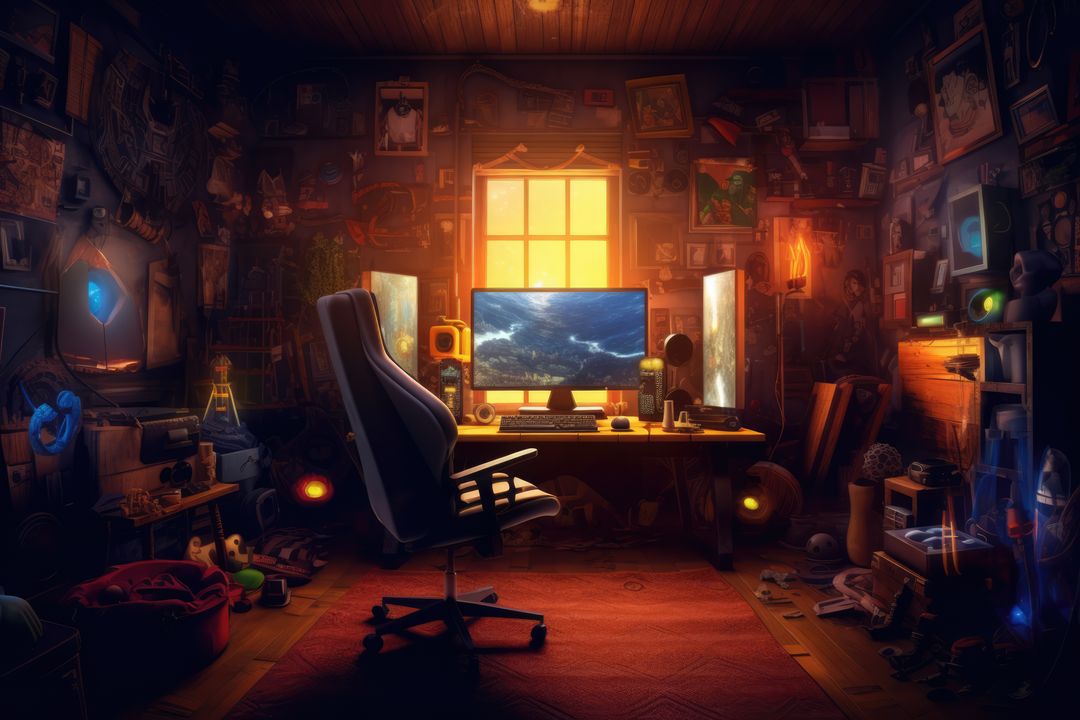 Cozy Gaming Room with Fantasy Themed Decorations at Sunset - Free Images, Stock Photos and Pictures on Pikwizard.com