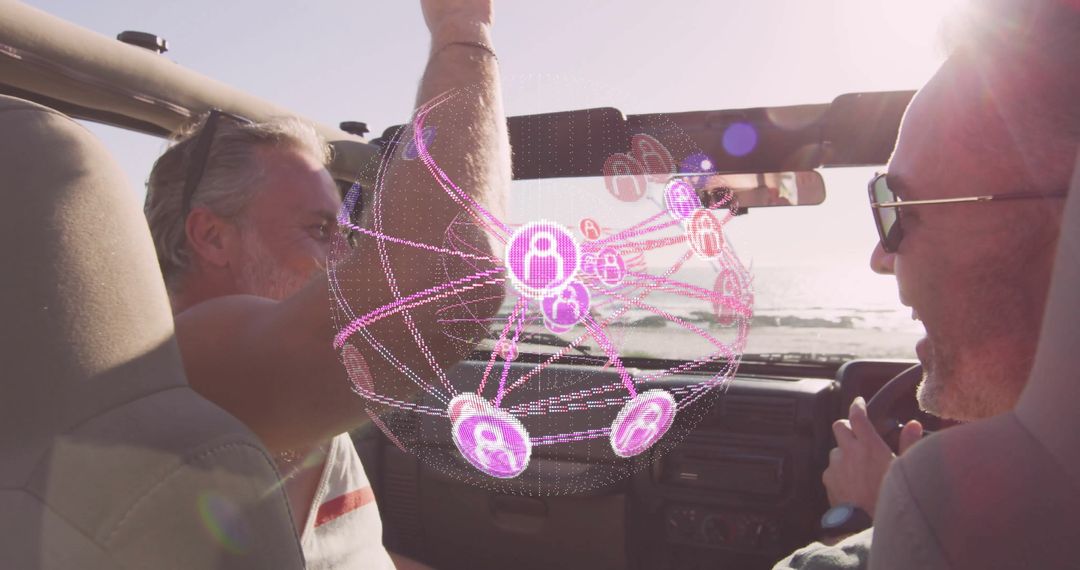 Men Driving Convertible with Holographic Network Connectivity Display
