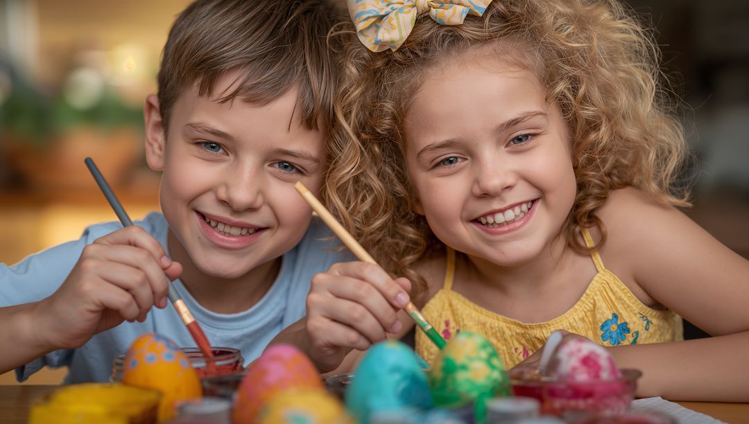 Joyful Siblings Painting Colorful Egg Art at Home