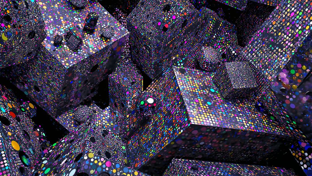 Neon Polka-Dot Cubes and Spheres Filling Dark Void, Abstract Geometric Tessellation Art