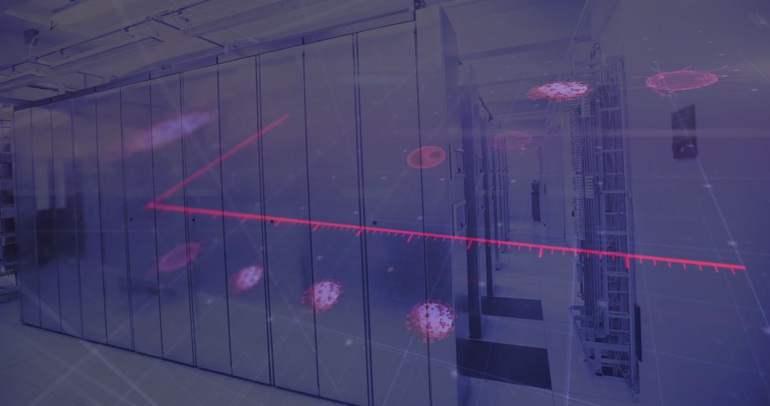 Digital Interface Overlay on Server Room with Coronavirus Cells