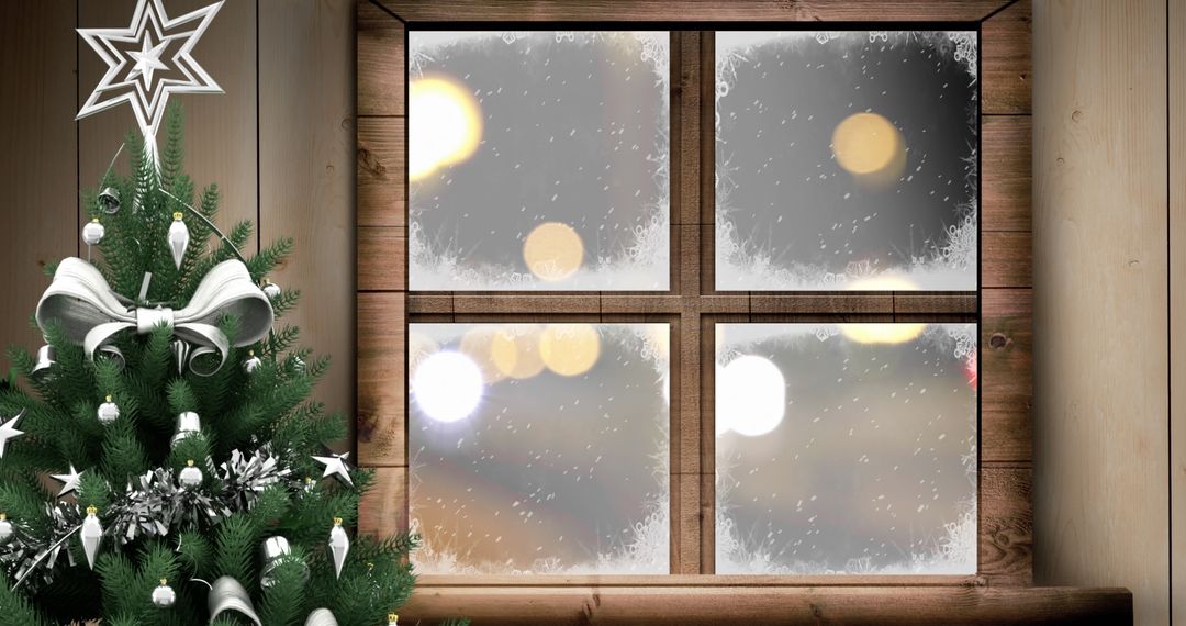 Cozy Christmas Tree by Frosted Window with Snowfall - Free Images, Stock Photos and Pictures on Pikwizard.com