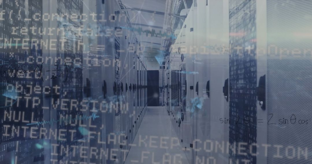 Data Processing Over Modern Server Room with Digital Interface