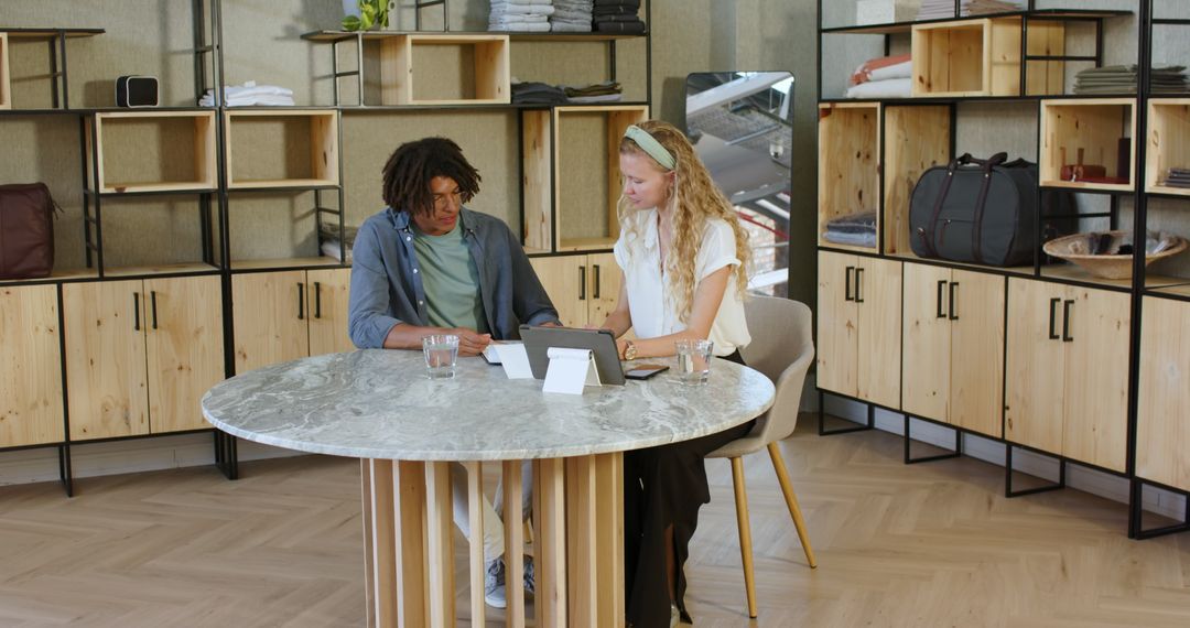 Colleagues Collaborating on Creative Ideas with Tablet in Modern Office