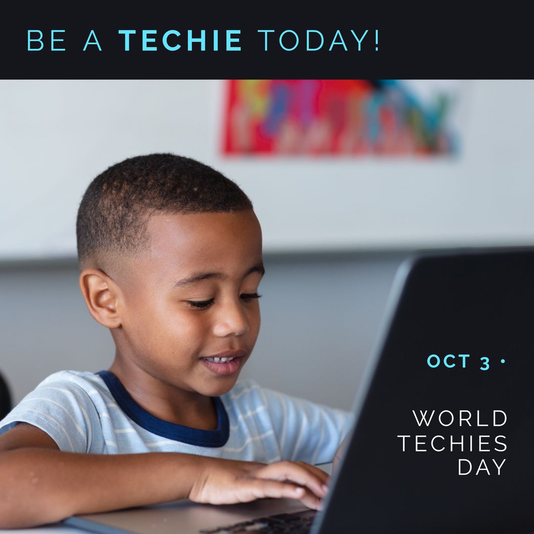 African American Boy Using Laptop on World Techies Day