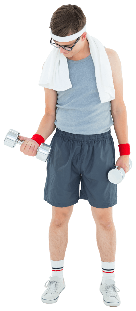 Geeky Hipster Exercising Lifting Dumbbells Transparent Background